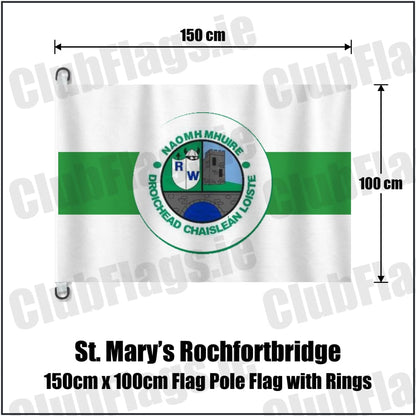 St. Mary’s Rochfortbridge 150cm x 100cm Flag Pole Flag with Rings in green and white, featuring the club crest on realistic fabric with gentle vertical folds; County Westmeath GAA. ClubFlags.ie.