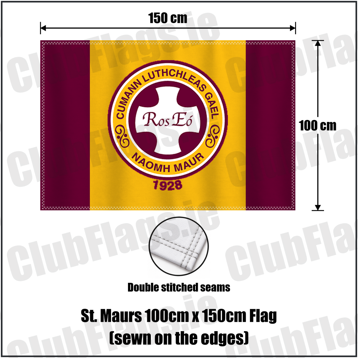 St. Maurs 100cm x 150cm Flag (sewn on the edges), featuring the club crest and maroon and gold colours; County Dublin GAA. ClubFlags.ie.