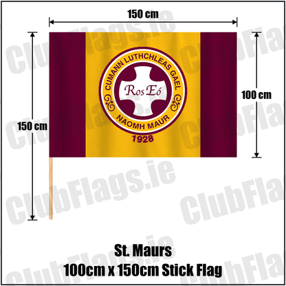 St. Maurs 100cm x 150cm Stick Flag, featuring the club crest and maroon and gold colours; County Dublin GAA. ClubFlags.ie.