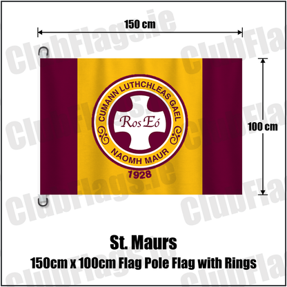 St. Maurs 150cm x 100cm Flag Pole Flag with Rings, featuring the club crest and maroon and gold colours; County Dublin GAA. ClubFlags.ie.