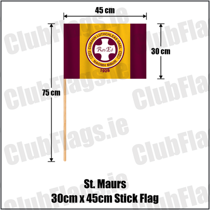 St. Maurs 30cm x 45cm Stick Flag, featuring the club crest and maroon and gold colours; County Dublin GAA. ClubFlags.ie.