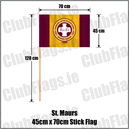St. Maurs 45cm x 70cm Stick Flag, featuring the club crest and maroon and gold colours; County Dublin GAA. ClubFlags.ie.