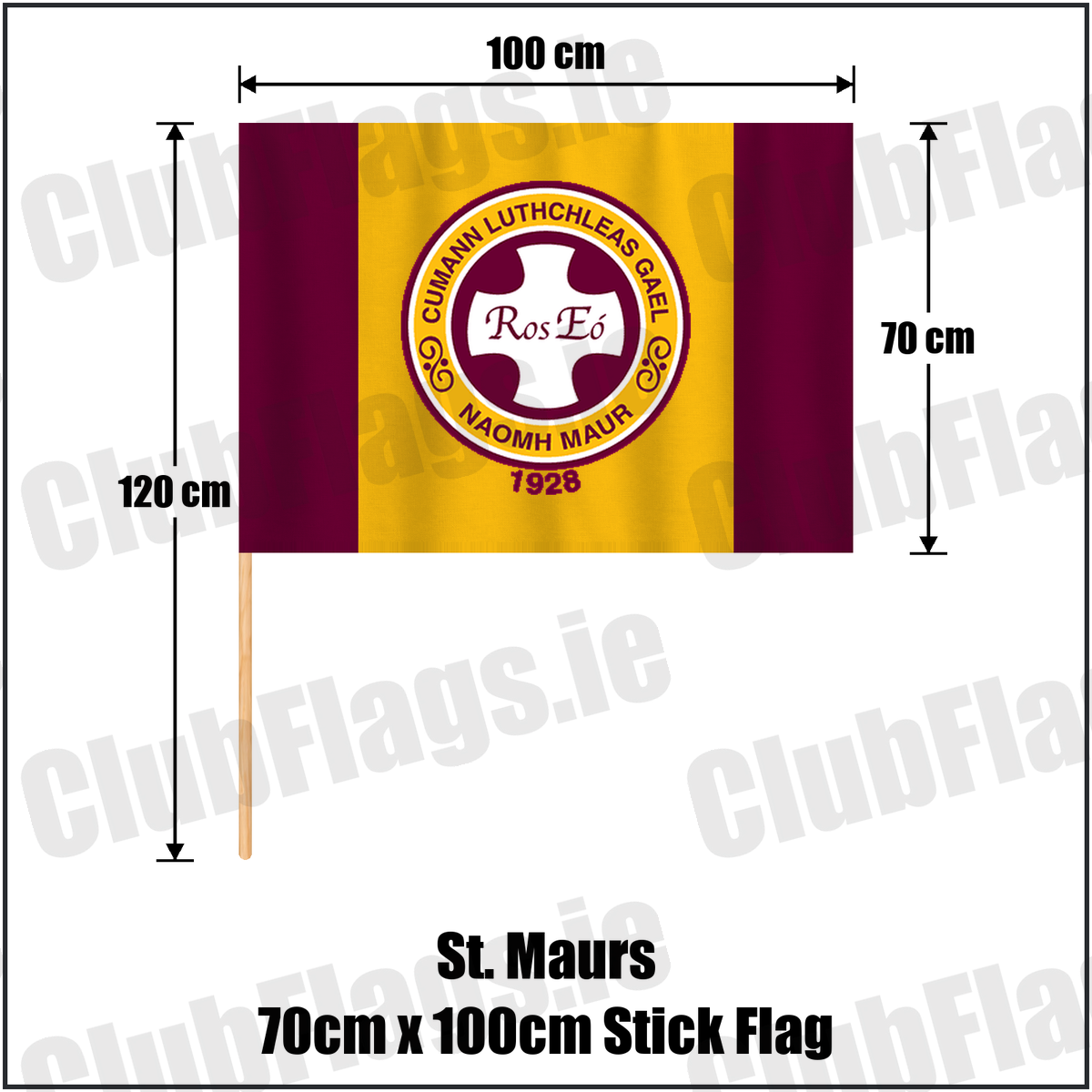 St. Maurs 70cm x 100cm Stick Flag, featuring the club crest and maroon and gold colours; County Dublin GAA. ClubFlags.ie.