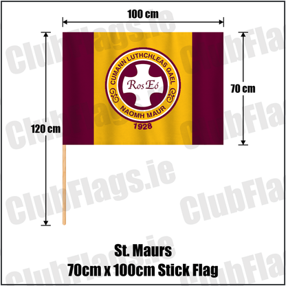 St. Maurs 70cm x 100cm Stick Flag, featuring the club crest and maroon and gold colours; County Dublin GAA. ClubFlags.ie.