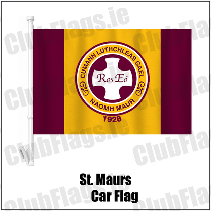 St. Maurs Car Flag, featuring the club crest and maroon and gold colours; County Dublin GAA. ClubFlags.ie.