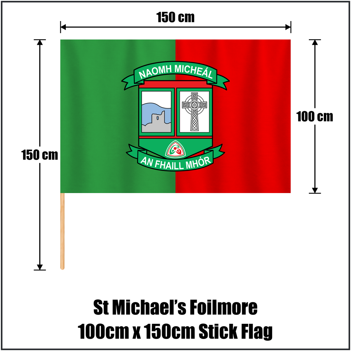 St Michael’s Foilmore 100cm x 150cm Stick Flag, featuring the club crest and green and red colours; County Kerry GAA. ClubFlags.ie.