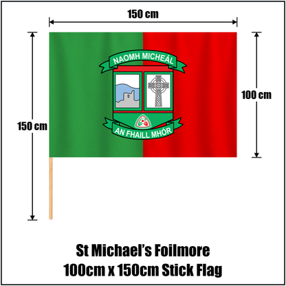 St Michael’s Foilmore 100cm x 150cm Stick Flag, featuring the club crest and green and red colours; County Kerry GAA. ClubFlags.ie.