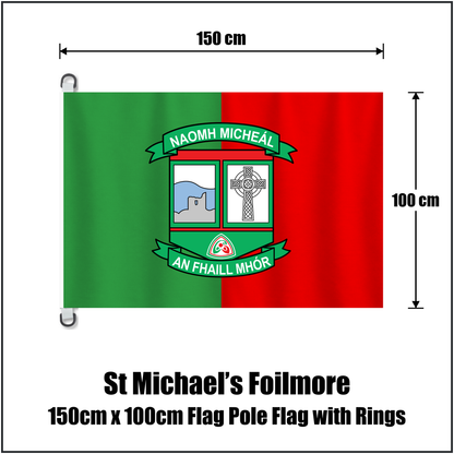 St Michael’s Foilmore 150cm x 100cm Flag Pole Flag with Rings, featuring the club crest and green and red colours; County Kerry GAA. ClubFlags.ie.