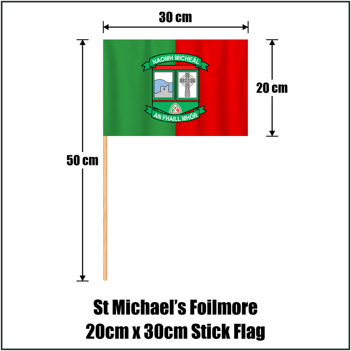 St Michael’s Foilmore 20cm x 30cm Stick Flag, featuring the club crest and green and red colours; County Kerry GAA. ClubFlags.ie.