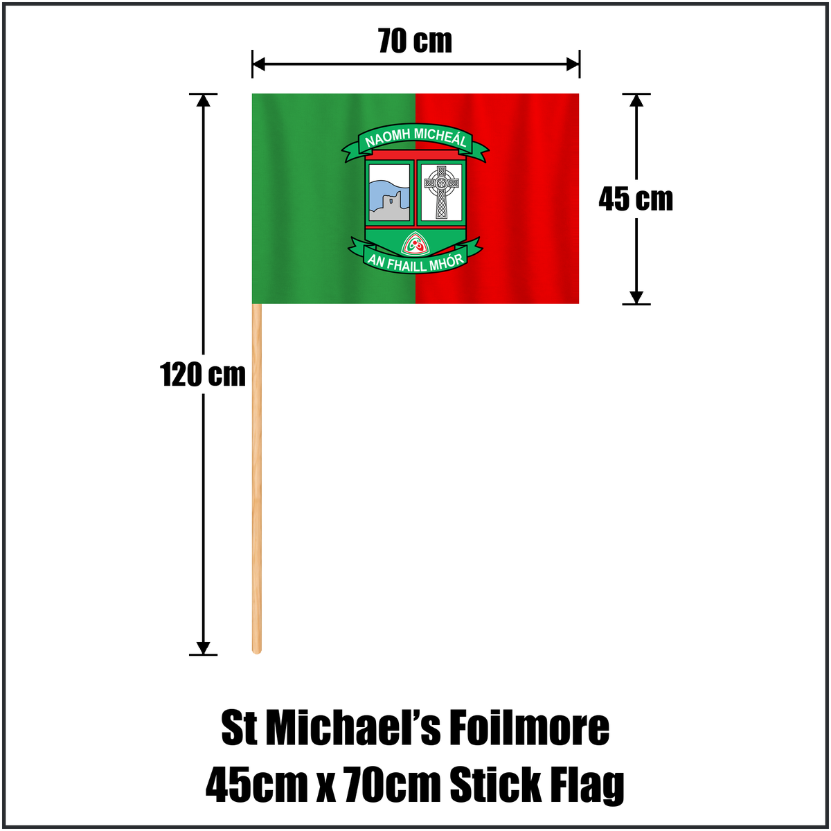 St Michael’s Foilmore 45cm x 70cm Stick Flag, featuring the club crest and green and red colours; County Kerry GAA. ClubFlags.ie.