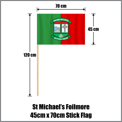 St Michael’s Foilmore 45cm x 70cm Stick Flag, featuring the club crest and green and red colours; County Kerry GAA. ClubFlags.ie.