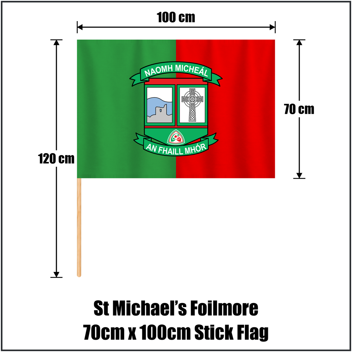 St Michael’s Foilmore 70cm x 100cm Stick Flag, featuring the club crest and green and red colours; County Kerry GAA. ClubFlags.ie.