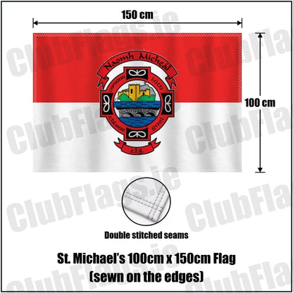 St. Michael’s 100cm x 150cm Flag (sewn on the edges) in red and white, featuring the club crest on realistic fabric with gentle vertical folds; County Donegal GAA. ClubFlags.ie.