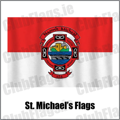 St. Michael’s Flags in red and white, featuring the club crest on realistic fabric with gentle vertical folds; County Donegal GAA. ClubFlags.ie.