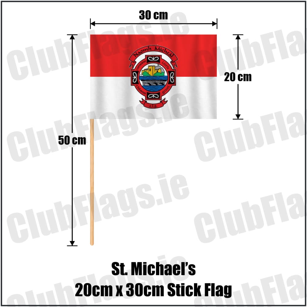 St. Michael’s 20cm x 30cm Stick Flag in red and white, featuring the club crest on realistic fabric with gentle vertical folds; County Donegal GAA. ClubFlags.ie.