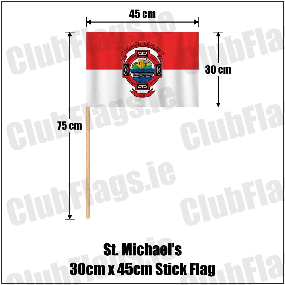 St. Michael’s 30cm x 45cm Stick Flag in red and white, featuring the club crest on realistic fabric with gentle vertical folds; County Donegal GAA. ClubFlags.ie.