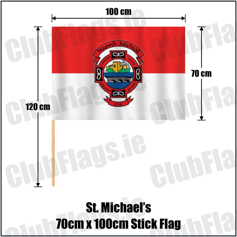 St. Michael’s 70cm x 100cm Stick Flag in red and white, featuring the club crest on realistic fabric with gentle vertical folds; County Donegal GAA. ClubFlags.ie.