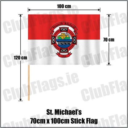 St. Michael’s 70cm x 100cm Stick Flag in red and white, featuring the club crest on realistic fabric with gentle vertical folds; County Donegal GAA. ClubFlags.ie.