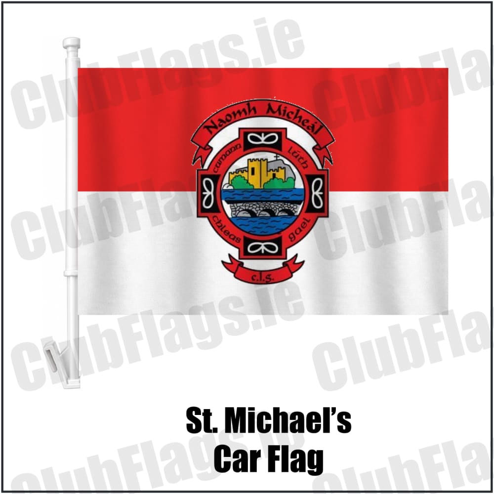 St. Michael’s Car Flag in red and white, featuring the club crest on realistic fabric with gentle vertical folds; County Donegal GAA. ClubFlags.ie.