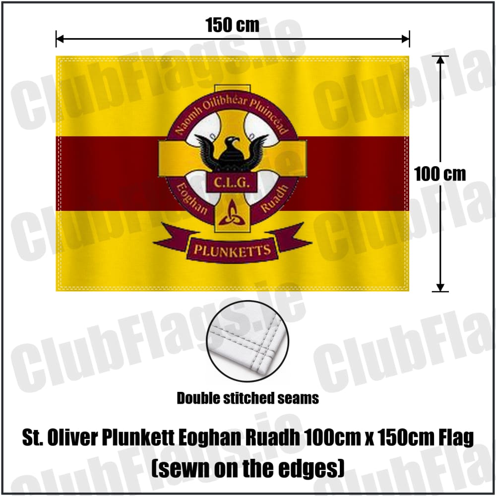 St. Oliver Plunkett Eoghan Ruadh 100cm x 150cm Flag (sewn on the edges) in maroon and gold, featuring the club crest on realistic fabric with gentle vertical folds; County Dublin GAA. ClubFlags.ie.