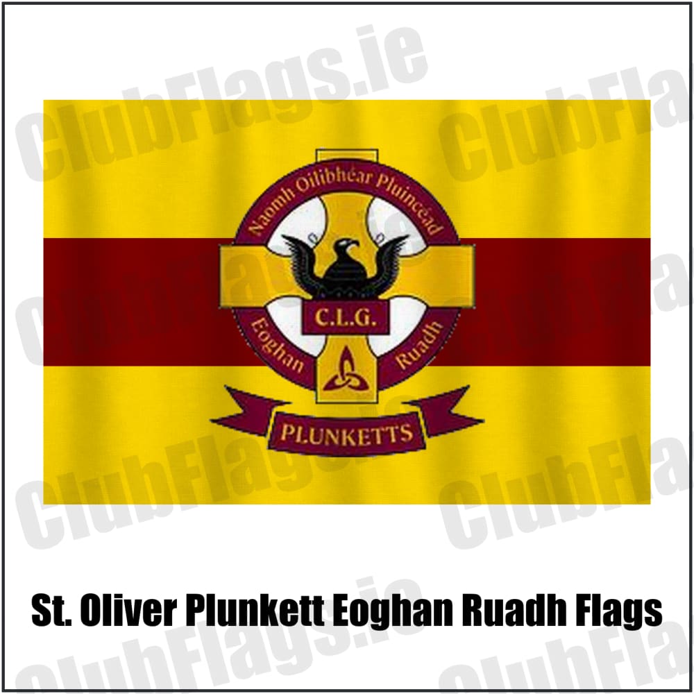 St. Oliver Plunkett Eoghan Ruadh Flags in maroon and gold, featuring the club crest on realistic fabric with gentle vertical folds; County Dublin GAA. ClubFlags.ie.