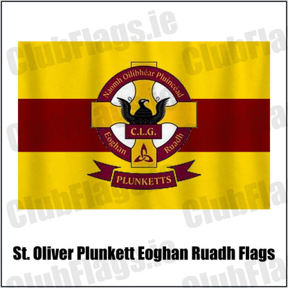 St. Oliver Plunkett Eoghan Ruadh Flags in maroon and gold, featuring the club crest on realistic fabric with gentle vertical folds; County Dublin GAA. ClubFlags.ie.