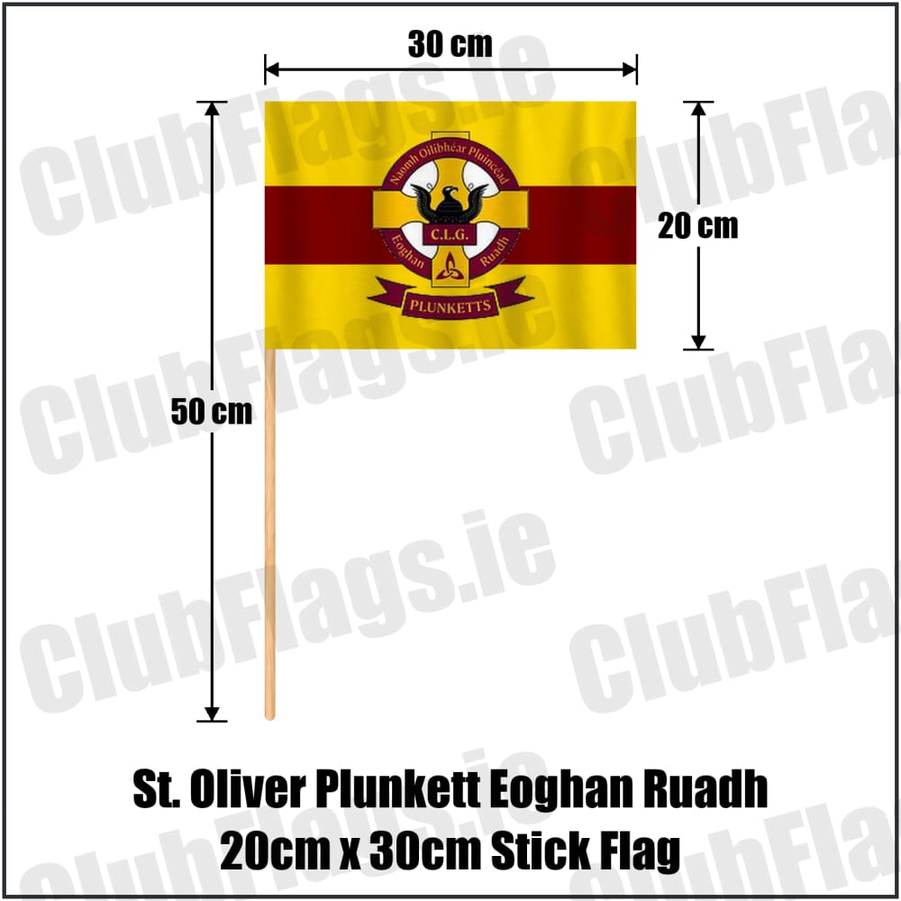 St. Oliver Plunkett Eoghan Ruadh 20cm x 30cm Stick Flag in maroon and gold, featuring the club crest on realistic fabric with gentle vertical folds; County Dublin GAA. ClubFlags.ie.