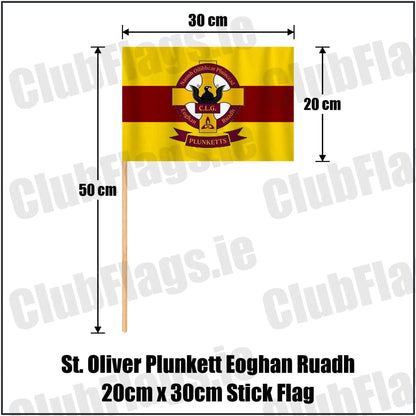 St. Oliver Plunkett Eoghan Ruadh 20cm x 30cm Stick Flag in maroon and gold, featuring the club crest on realistic fabric with gentle vertical folds; County Dublin GAA. ClubFlags.ie.