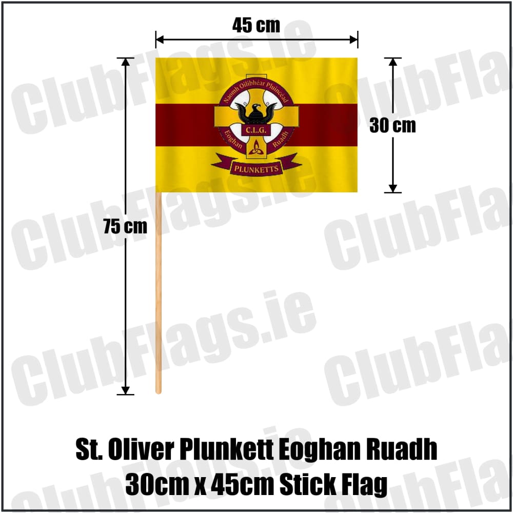 St. Oliver Plunkett Eoghan Ruadh 30cm x 45cm Stick Flag in maroon and gold, featuring the club crest on realistic fabric with gentle vertical folds; County Dublin GAA. ClubFlags.ie.