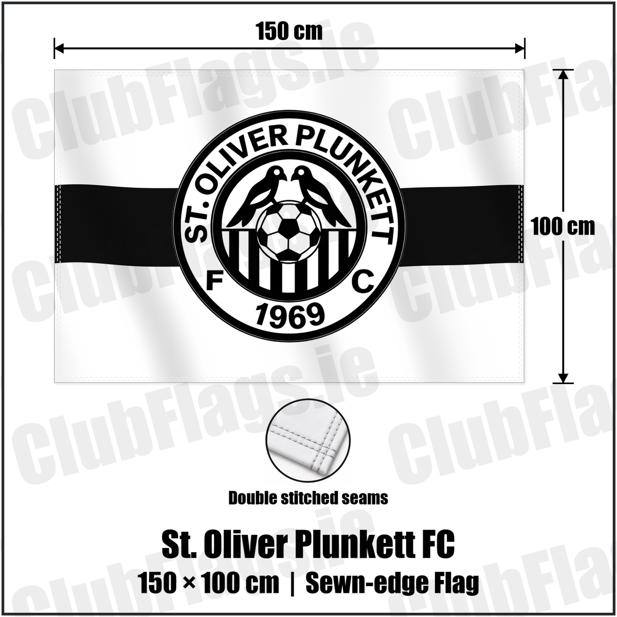 St. Oliver Plunkett FC 100cm x 150cm Flag (sewn on the edges) with the club crest and colours, Antrim Football - ClubFlags.ie