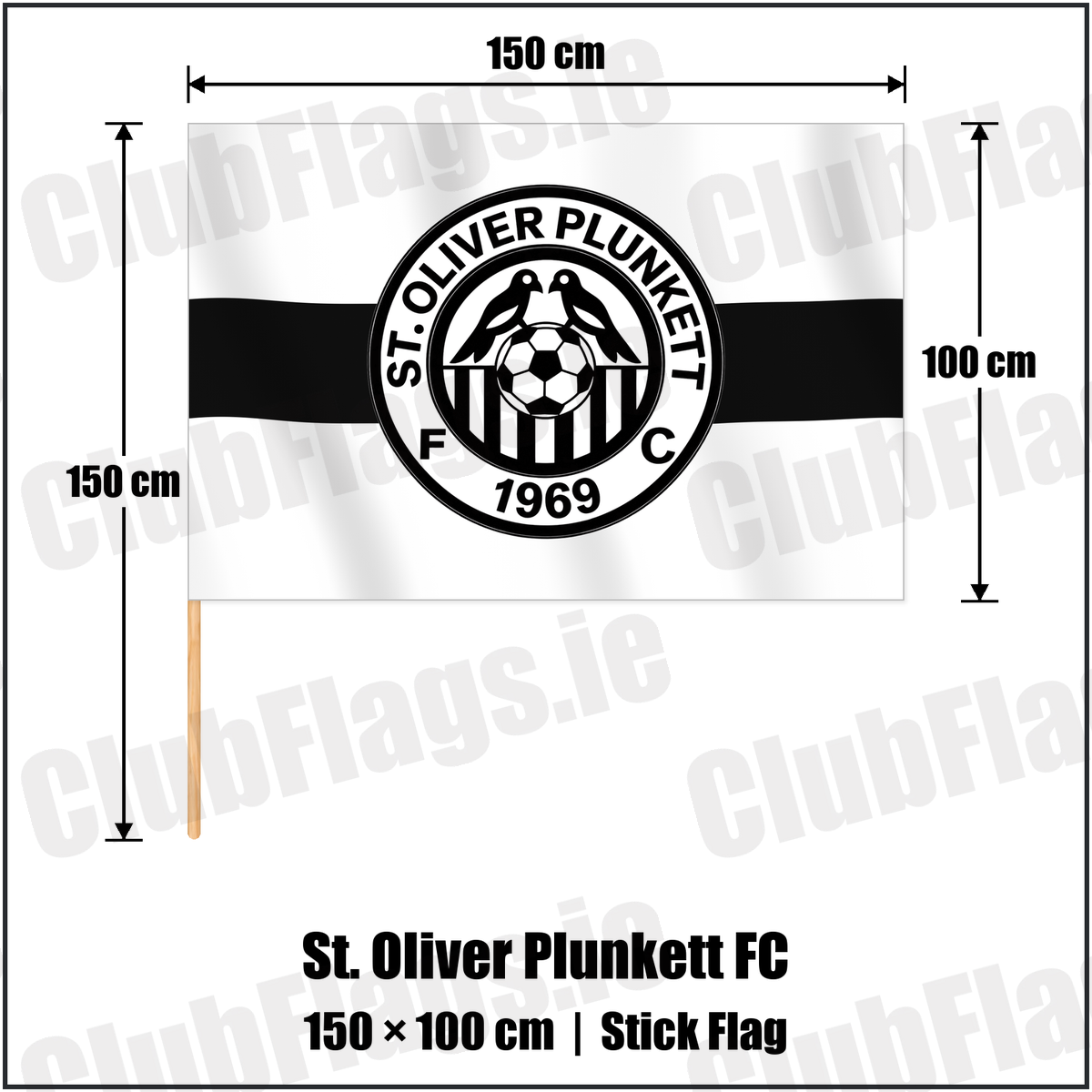 St. Oliver Plunkett FC 100cm x 150cm Stick Flag with the club crest and colours, Antrim Football - ClubFlags.ie