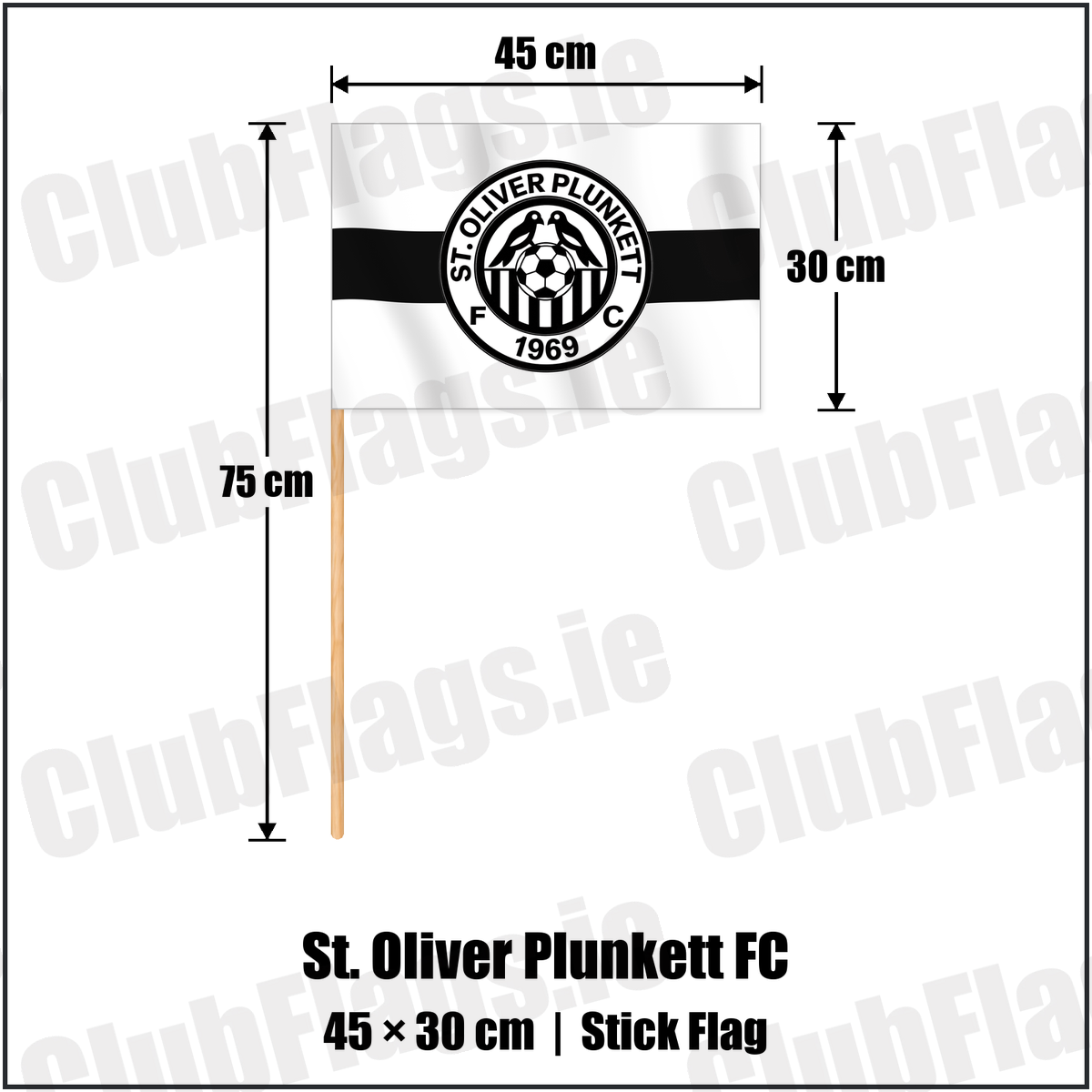 St. Oliver Plunkett FC 30cm x 45cm Stick Flag with the club crest and colours, Antrim Football - ClubFlags.ie
