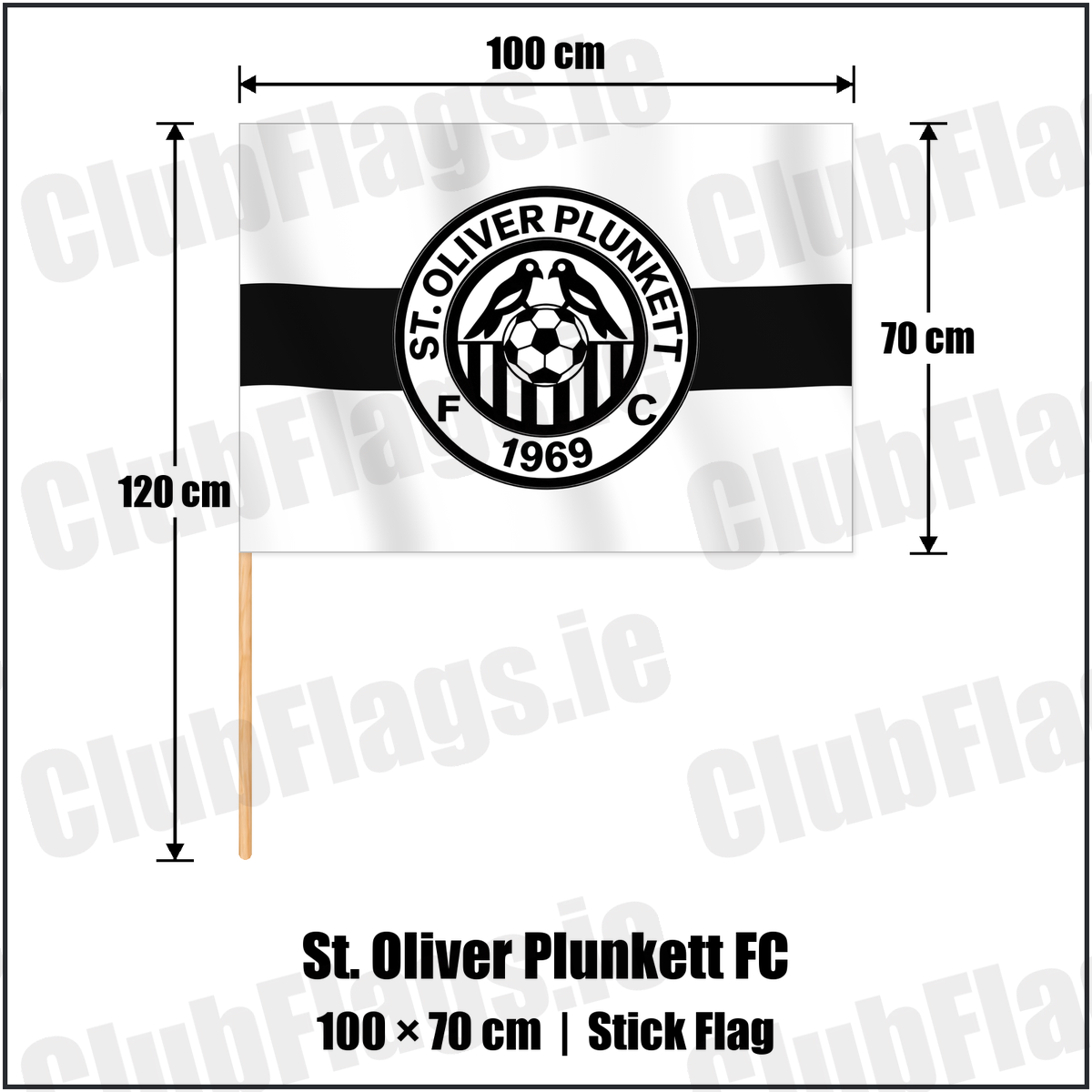 St. Oliver Plunkett FC 70cm x 100cm Stick Flag with the club crest and colours, Antrim Football - ClubFlags.ie