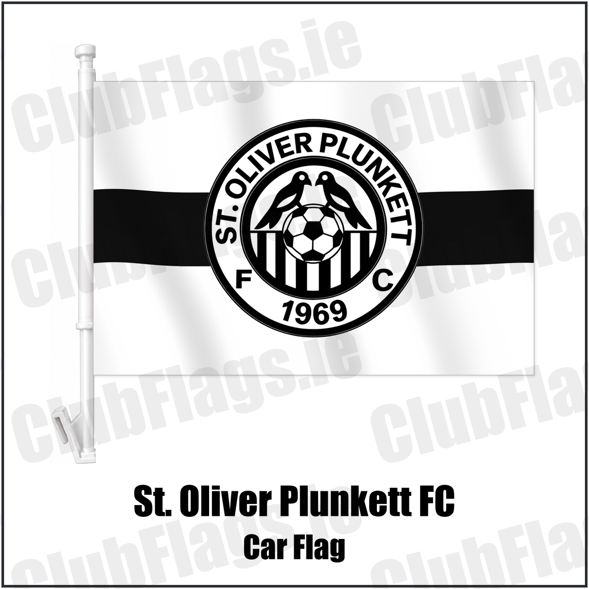 St. Oliver Plunkett FC Car Flag with the club crest and colours, Antrim Football - ClubFlags.ie