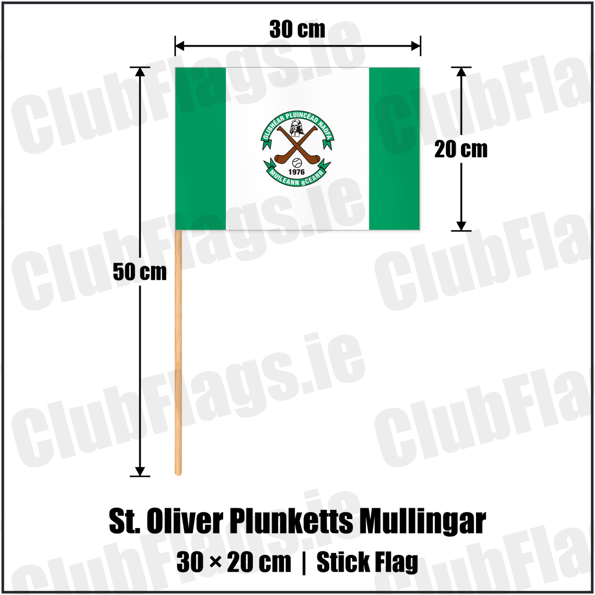 St. Oliver Plunketts Mullingar 20cm x 30cm Stick Flag with the club crest and colours, Westmeath GAA - ClubFlags.ie