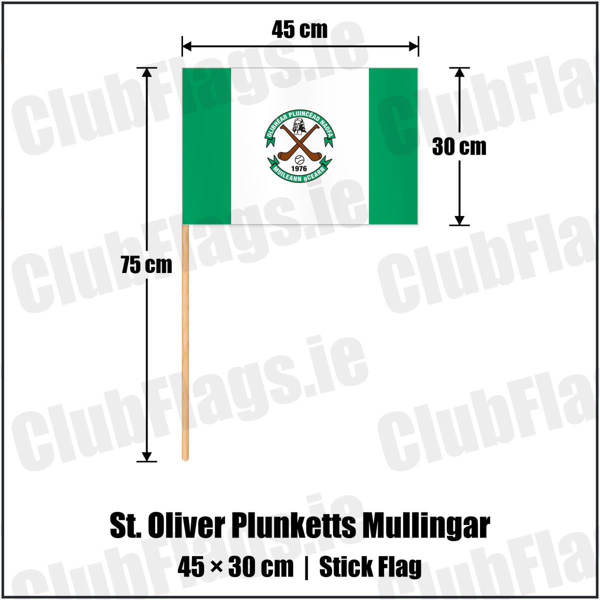 St. Oliver Plunketts Mullingar 30cm x 45cm Stick Flag with the club crest and colours, Westmeath GAA - ClubFlags.ie