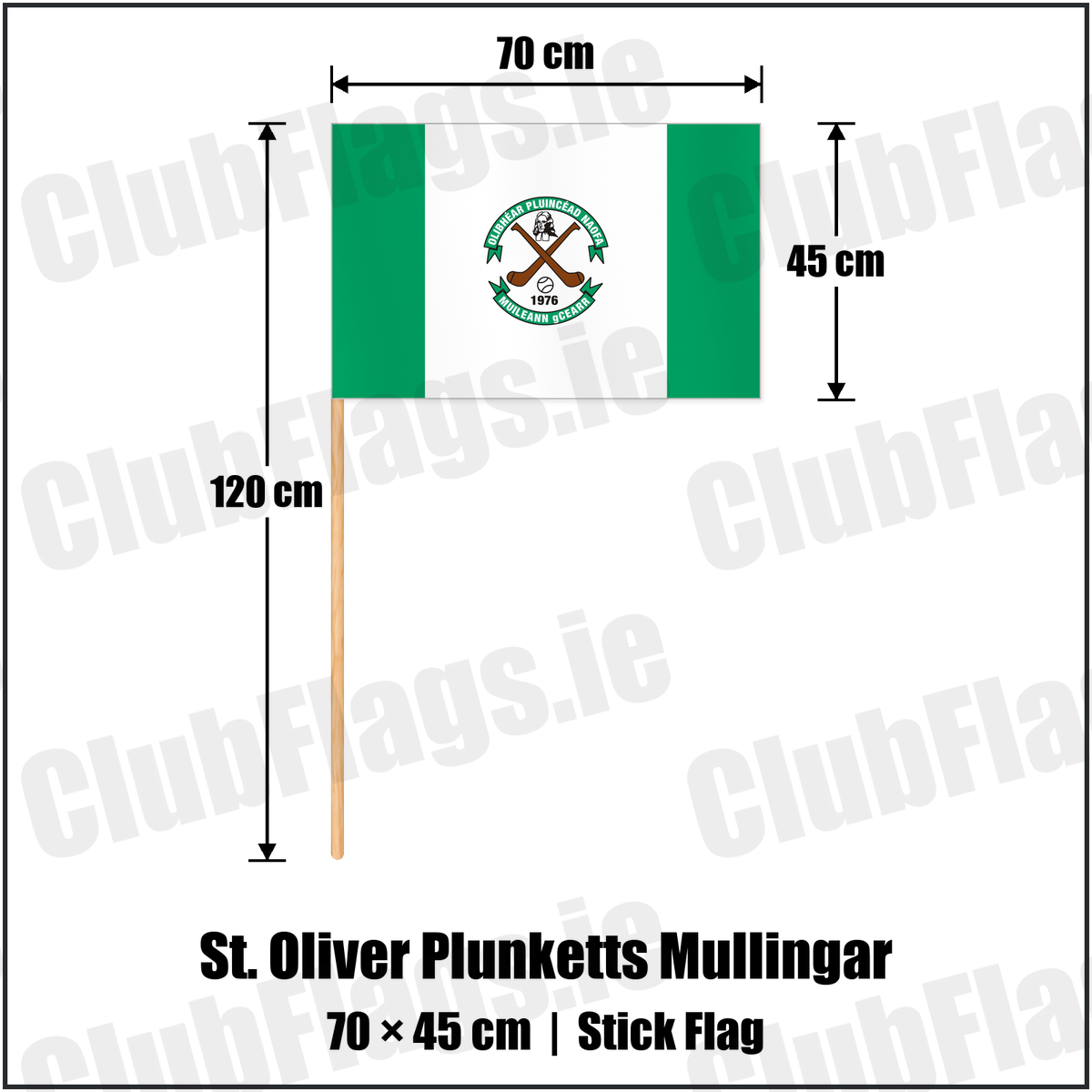 St. Oliver Plunketts Mullingar 45cm x 70cm Stick Flag with the club crest and colours, Westmeath GAA - ClubFlags.ie