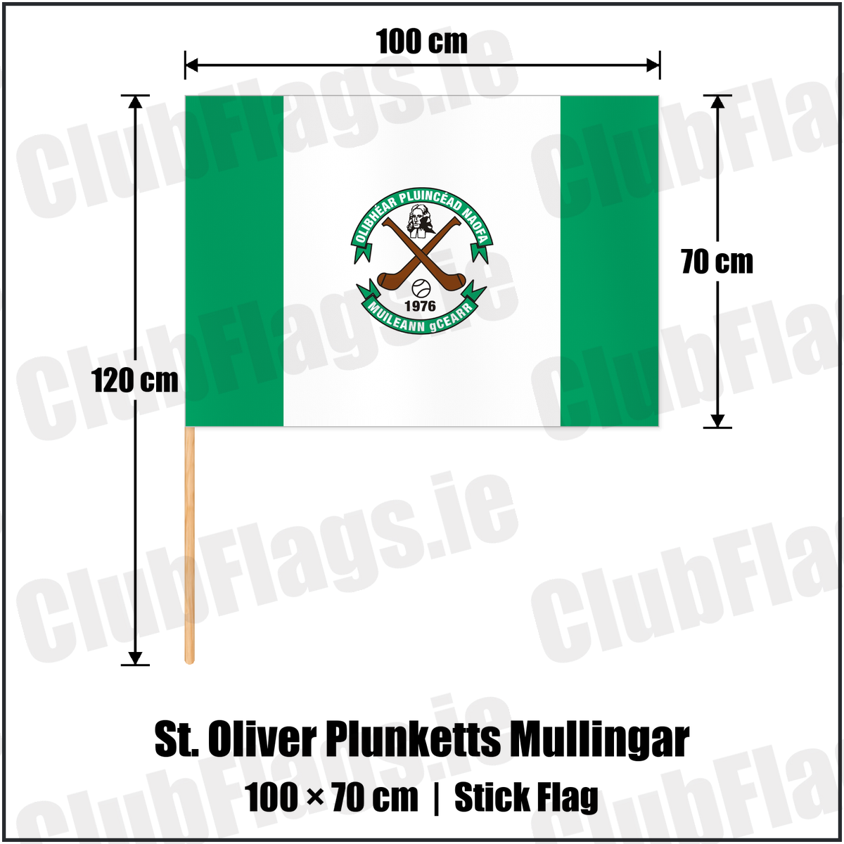 St. Oliver Plunketts Mullingar 70cm x 100cm Stick Flag with the club crest and colours, Westmeath GAA - ClubFlags.ie