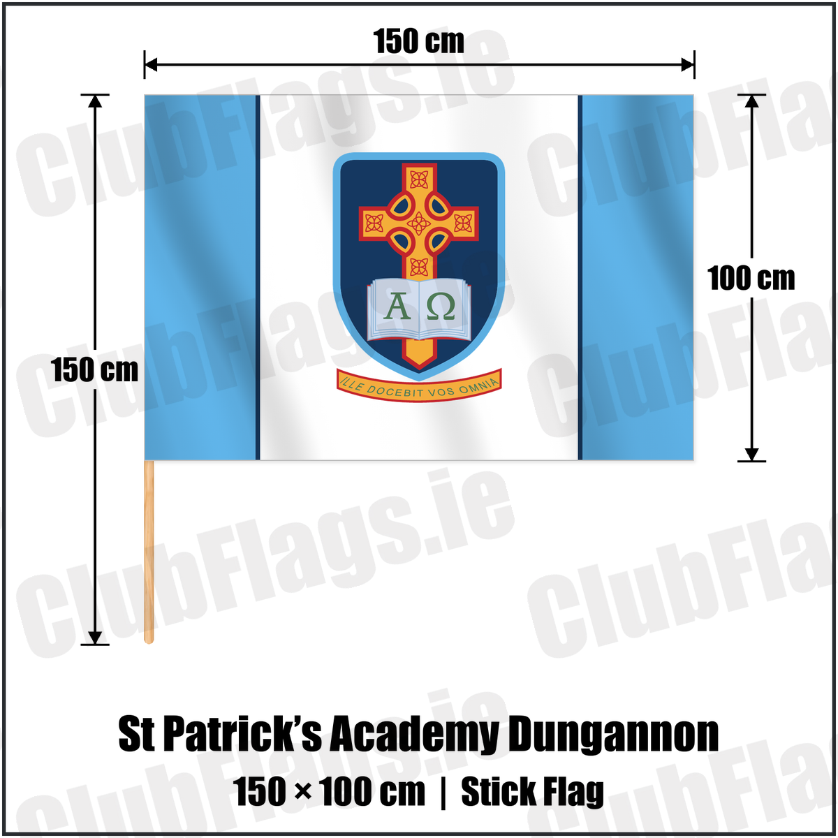 St Patrick’s Academy Dungannon 100cm x 150cm Stick Flag with the club crest and colours, Tyrone GAA - ClubFlags.ie