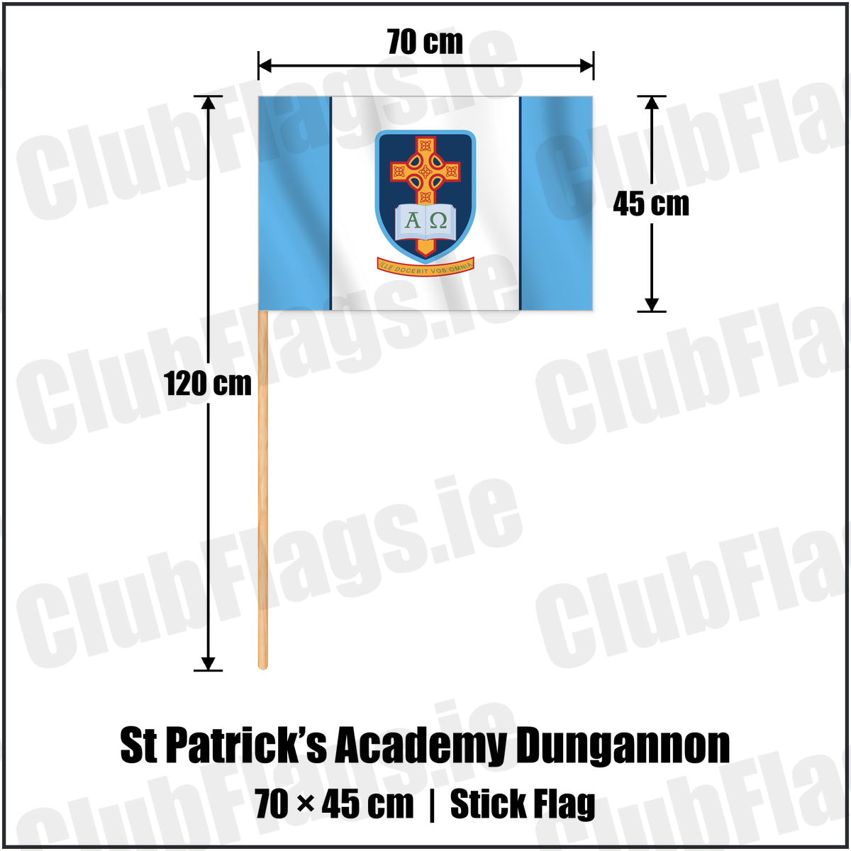 St Patrick’s Academy Dungannon 45cm x 70cm Stick Flag with the club crest and colours, Tyrone GAA - ClubFlags.ie