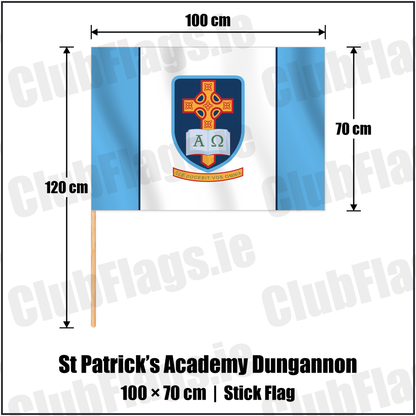 St Patrick’s Academy Dungannon 70cm x 100cm Stick Flag with the club crest and colours, Tyrone GAA - ClubFlags.ie