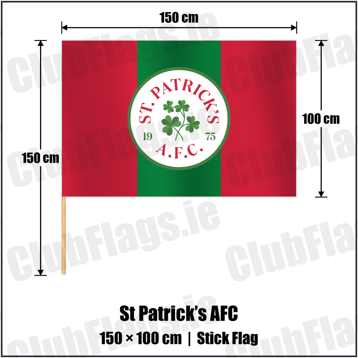 St Patrick’s AFC 100cm x 150cm Stick Flag with the club crest and colours, Carlow football - ClubFlags.ie