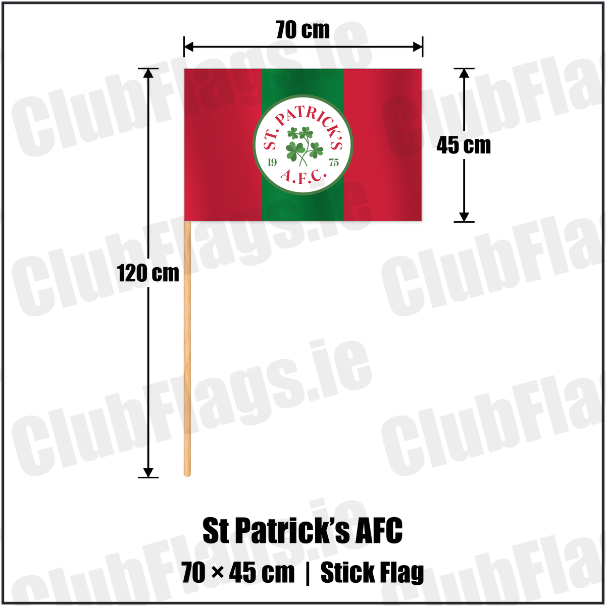 St Patrick’s AFC 45cm x 70cm Stick Flag with the club crest and colours, Carlow football - ClubFlags.ie
