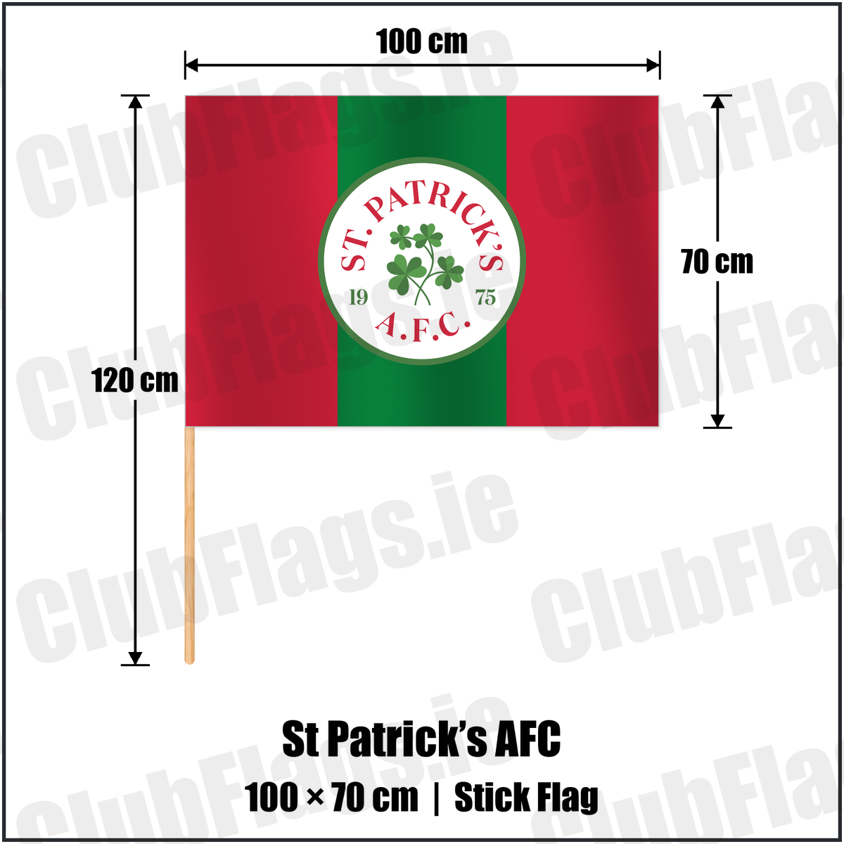 St Patrick’s AFC 70cm x 100cm Stick Flag with the club crest and colours, Carlow football - ClubFlags.ie