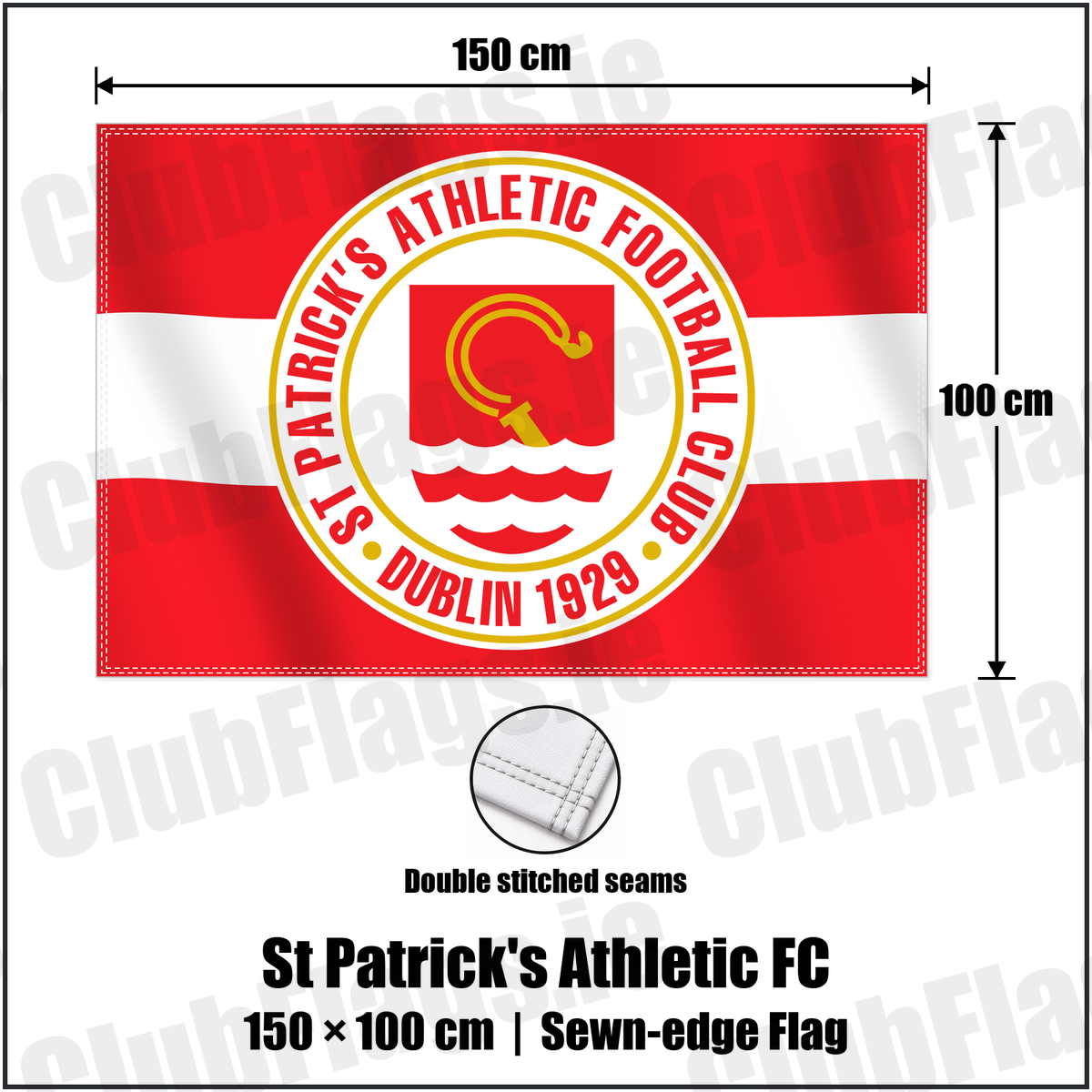 St Patrick's Athletic FC 100cm x 150cm Flag (sewn on the edges) with the club crest and colours, Dublin Football - ClubFlags.ie