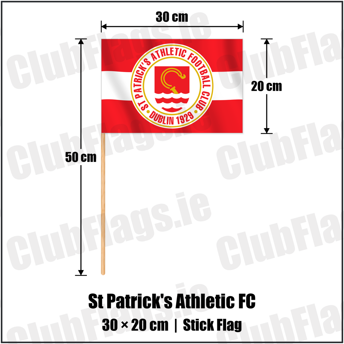 St Patrick's Athletic FC 20cm x 30cm Stick Flag with the club crest and colours, Dublin Football - ClubFlags.ie