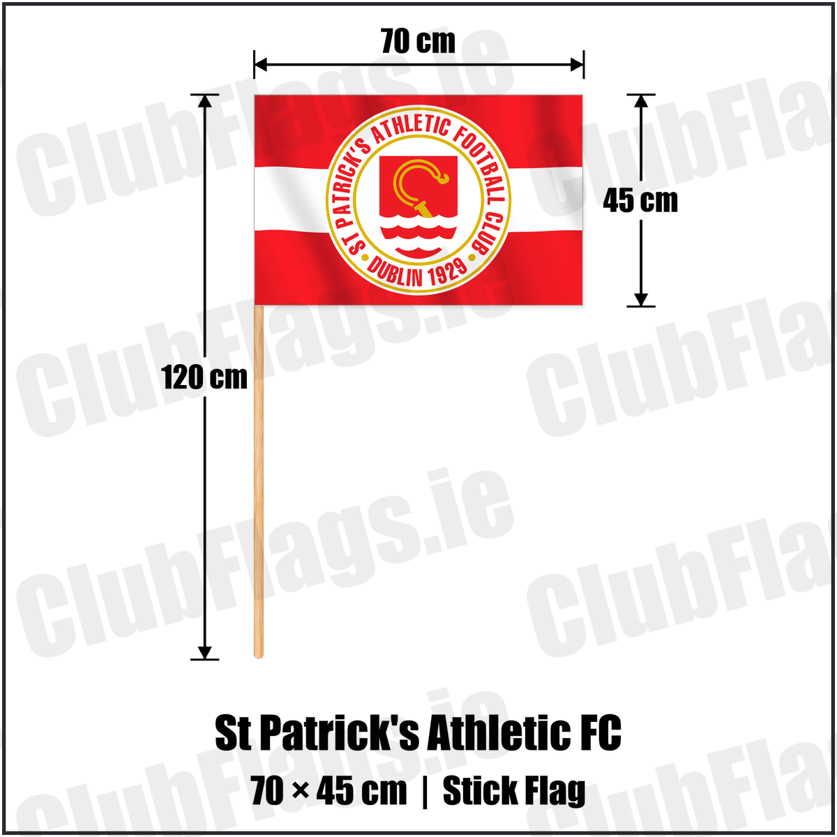 St Patrick's Athletic FC 45cm x 70cm Stick Flag with the club crest and colours, Dublin Football - ClubFlags.ie