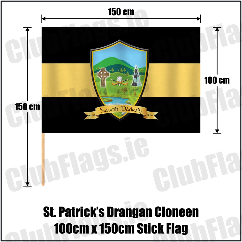 St. Patrick’s Drangan Cloneen 100cm x 150cm Stick Flag in black and gold, featuring the club crest on realistic fabric with gentle vertical folds; County Tipperary GAA. ClubFlags.ie.
