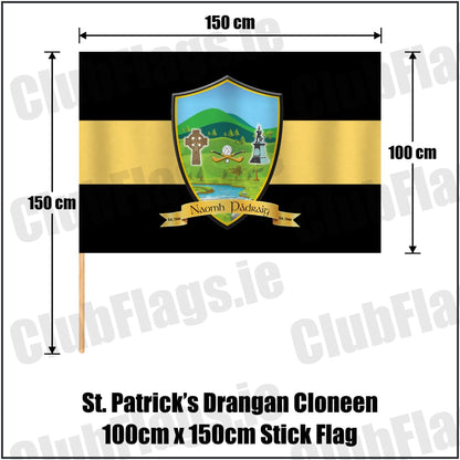 St. Patrick’s Drangan Cloneen 100cm x 150cm Stick Flag in black and gold, featuring the club crest on realistic fabric with gentle vertical folds; County Tipperary GAA. ClubFlags.ie.