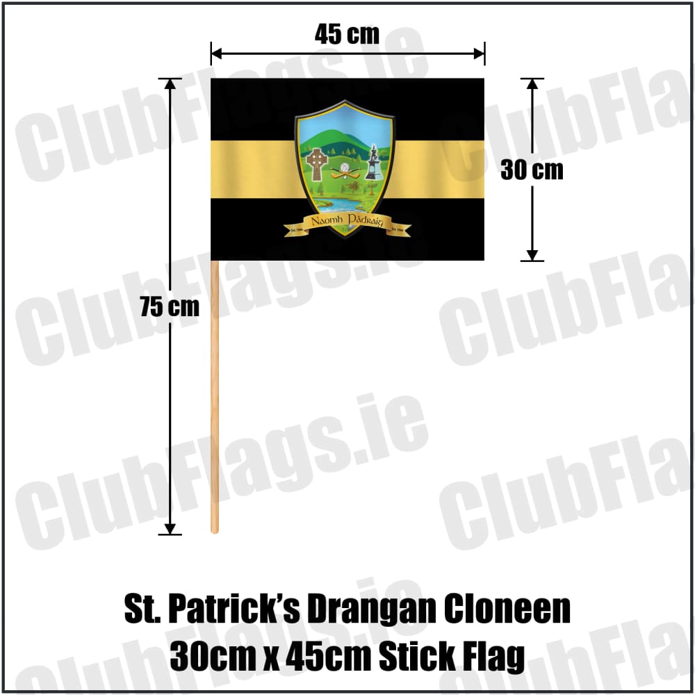 St. Patrick’s Drangan Cloneen 30cm x 45cm Stick Flag in black and gold, featuring the club crest on realistic fabric with gentle vertical folds; County Tipperary GAA. ClubFlags.ie.